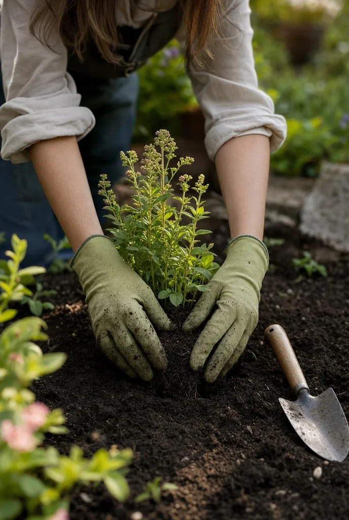 Image générée par IA : mains gantées plantant une vivace dans une plate-bande