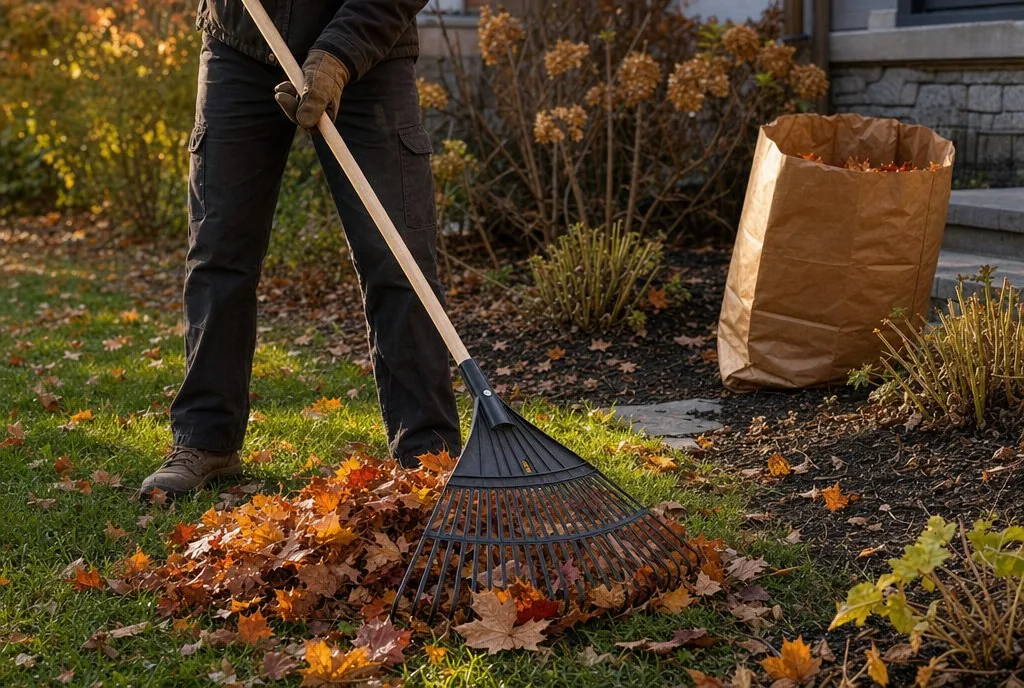 Image générée par IA : ramassage des feuilles d’automne au râteau, à côté d’une plate-bande